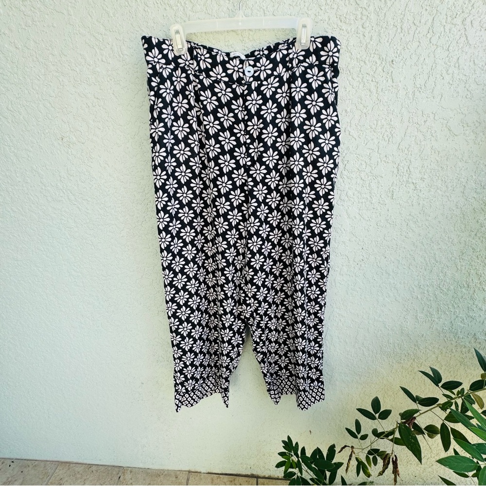 Rachel Zoe XL 100% linen wide leg pants black white floral pockets boho flowy